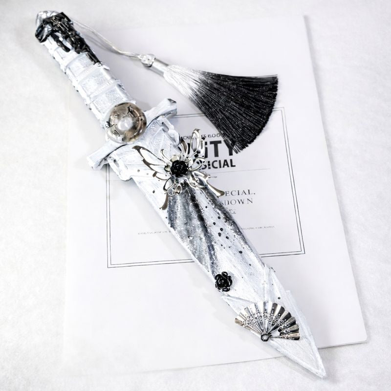 The Darkveil Dagger™ - Gothic Decorative Knife in silver and black with fan and spider embellishments, suited for gothic knife collectors.